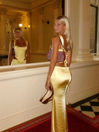 Elegant Sheath Square Neckline 2 Pieces Floor-Length Satin Long Yellow Formal Evening Dresses Formal Prom Dresses