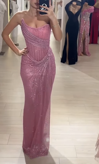 Elegant Sheath Strapless Pink Sequin Slit Long Formal Prom Dresses Party Dresses 22Th Birthday Outfits Graduation Dresses