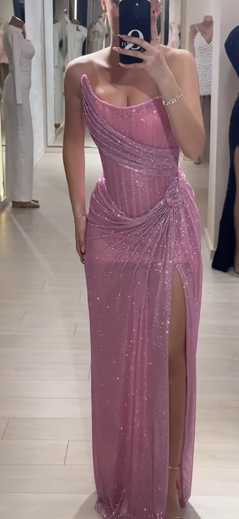 Elegant Sheath Strapless Pink Sequin Slit Long Formal Prom Dresses Party Dresses 22Th Birthday Outfits Graduation Dresses
