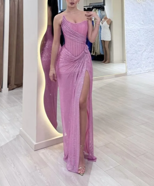 Elegant Sheath Strapless Pink Sequin Slit Long Formal Prom Dresses Party Dresses 22Th Birthday Outfits Graduation Dresses