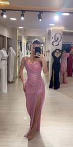 Elegant Sheath Strapless Pink Sequin Slit Long Formal Prom Dresses Party Dresses 22Th Birthday Outfits Graduation Dresses