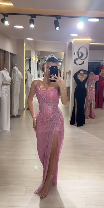 Elegant Sheath Strapless Pink Sequin Slit Long Formal Prom Dresses Party Dresses 22Th Birthday Outfits Graduation Dresses