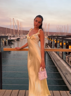 Elegant Sheath Straps Floor-Length Satin Long Yellow Formal Evening Dresses Formal Prom Dresses