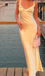Elegant Sheath Straps Floor-Length Satin Long Yellow Formal Evening Dresses Formal Prom Dresses