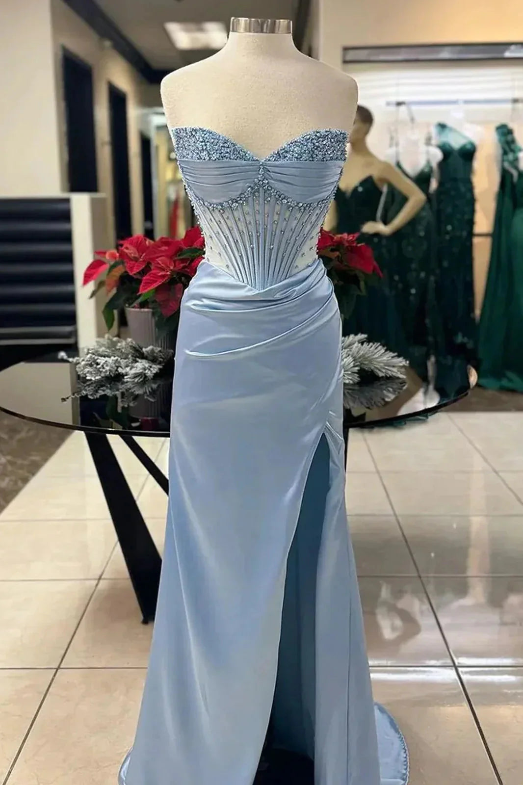Elegant Sheath Sweetheart Sequin Pink Satin Slit Formal Prom Dresses Formal Evening Dresses