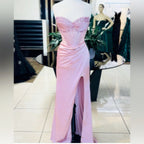 Elegant Sheath Sweetheart Sequin Pink Satin Slit Formal Prom Dresses Formal Evening Dresses