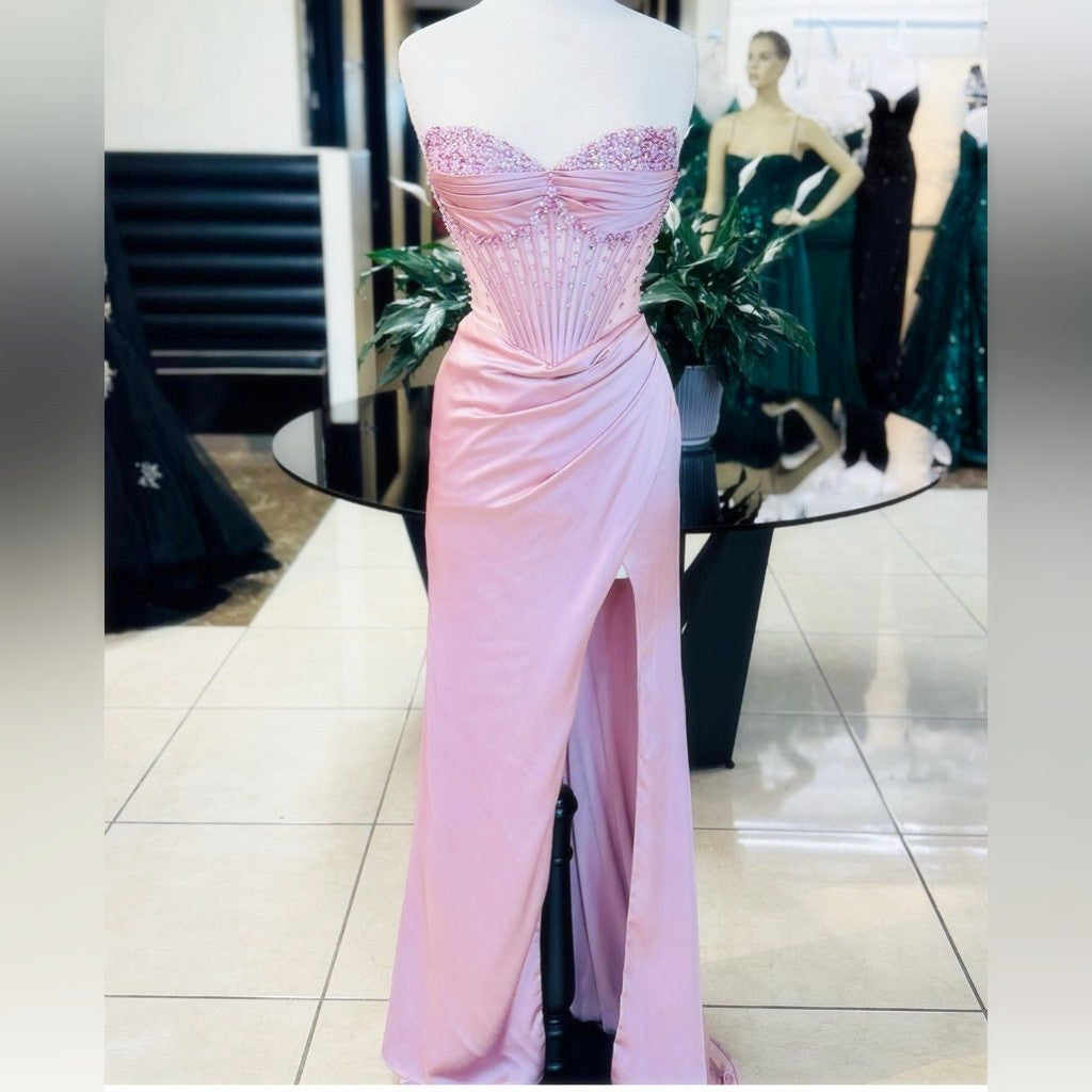 Elegant Sheath Sweetheart Sequin Pink Satin Slit Formal Prom Dresses Formal Evening Dresses