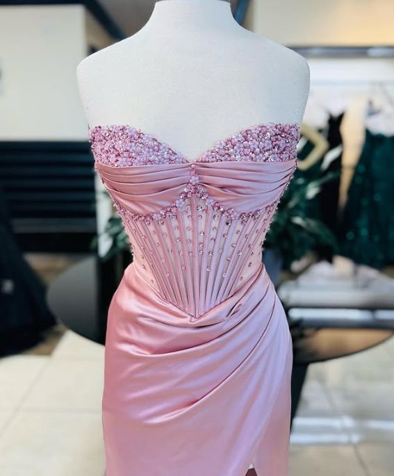 Elegant Sheath Sweetheart Sequin Pink Satin Slit Formal Prom Dresses Formal Evening Dresses Secondary image