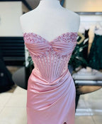 Elegant Sheath Sweetheart Sequin Pink Satin Slit Formal Prom Dresses Formal Evening Dresses