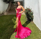 Elegant Sheath Sweetheart Sequin Pink Satin Slit Formal Prom Dresses Formal Evening Dresses
