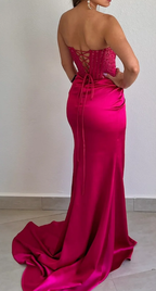 Elegant Sheath Sweetheart Sequin Pink Satin Slit Formal Prom Dresses Formal Evening Dresses