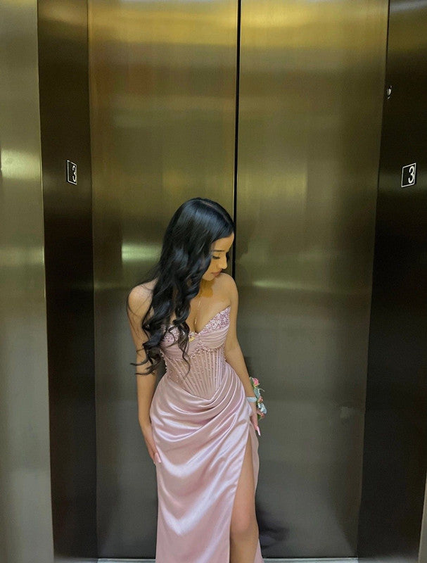 Elegant Sheath Sweetheart Sequin Pink Satin Slit Formal Prom Dresses Formal Evening Dresses Main image