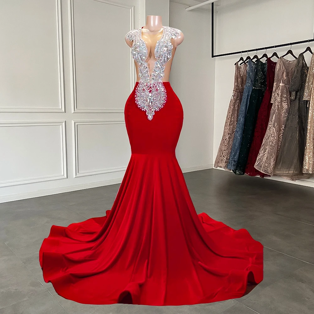 Elegant Sheer Scoop Neckline Luxury Sparkly Silver Handmade Diamond Red Spandex Black Girl Mermaid Long Formal Prom Dresses Main image