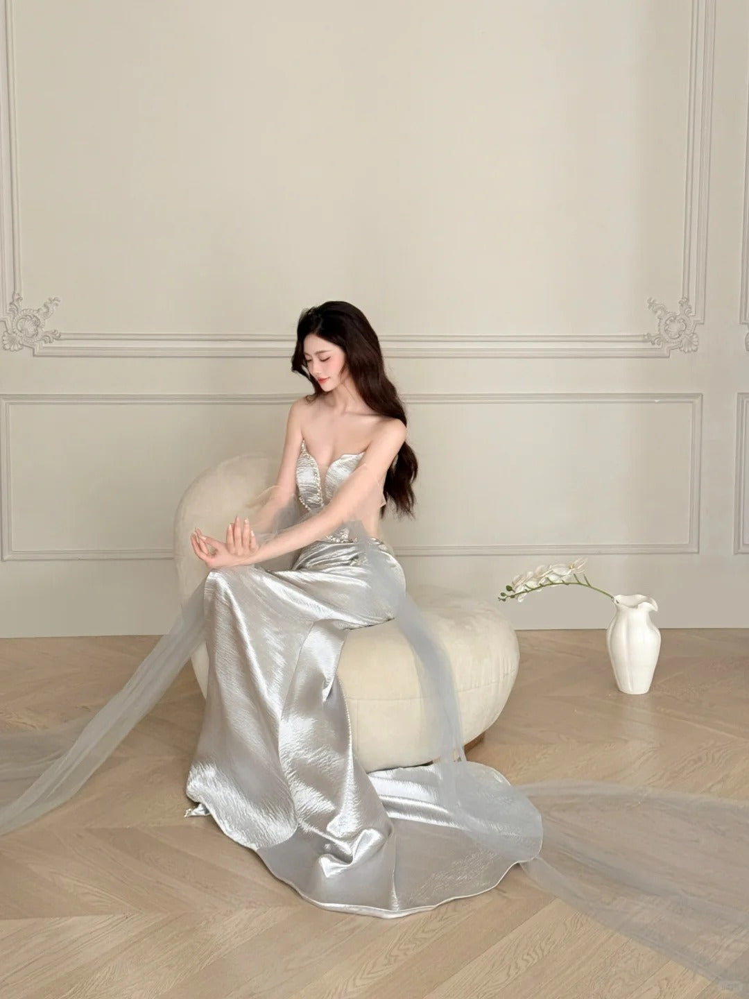 Elegant Silver-Grey Mermaid Strapless Satin Long Formal Prom Dresses