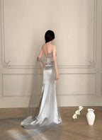 Elegant Silver-Grey Mermaid Strapless Satin Long Formal Prom Dresses