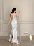 Elegant Silver-Grey Mermaid Strapless Satin Long Formal Prom Dresses