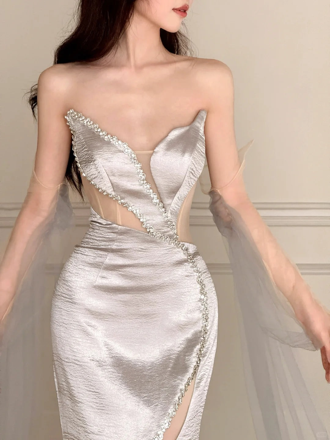 Elegant Silver-Grey Mermaid Strapless Satin Long Formal Prom Dresses