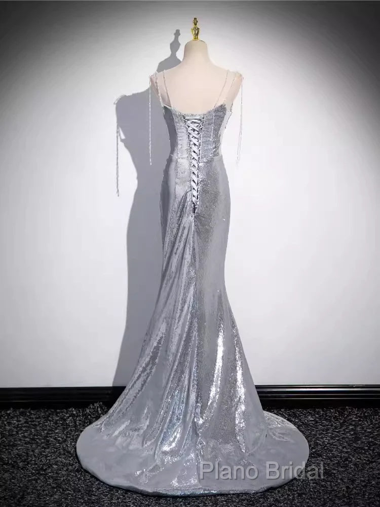 Elegant Silver Sequin Mermiad Formal Prom Dresses Long Formal Dresses