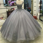 Elegant Silver Tulle Ball Gowns Formal Prom Dresses Lace Appliques
