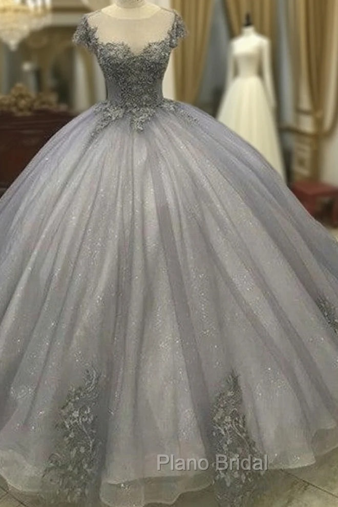 Elegant Silver Tulle Ball Gowns Formal Prom Dresses Lace Appliques Main image
