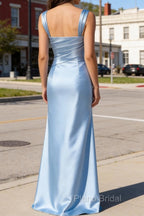 Elegant Sky Blue Sheath Pleated Satin Long Bridesmaid Dress With Slit