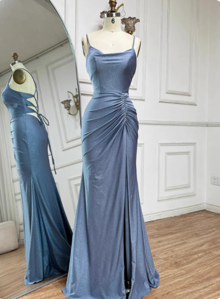 Elegant Slate Blue Spaghetti Strap Mermaid Ruched Slit Satin Long Formal Prom Dresses