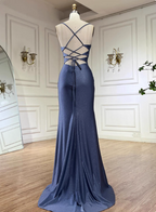 Elegant Slate Blue Spaghetti Strap Mermaid Ruched Slit Satin Long Formal Prom Dresses