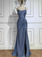 Elegant Slate Blue Spaghetti Strap Mermaid Ruched Slit Satin Long Formal Prom Dresses