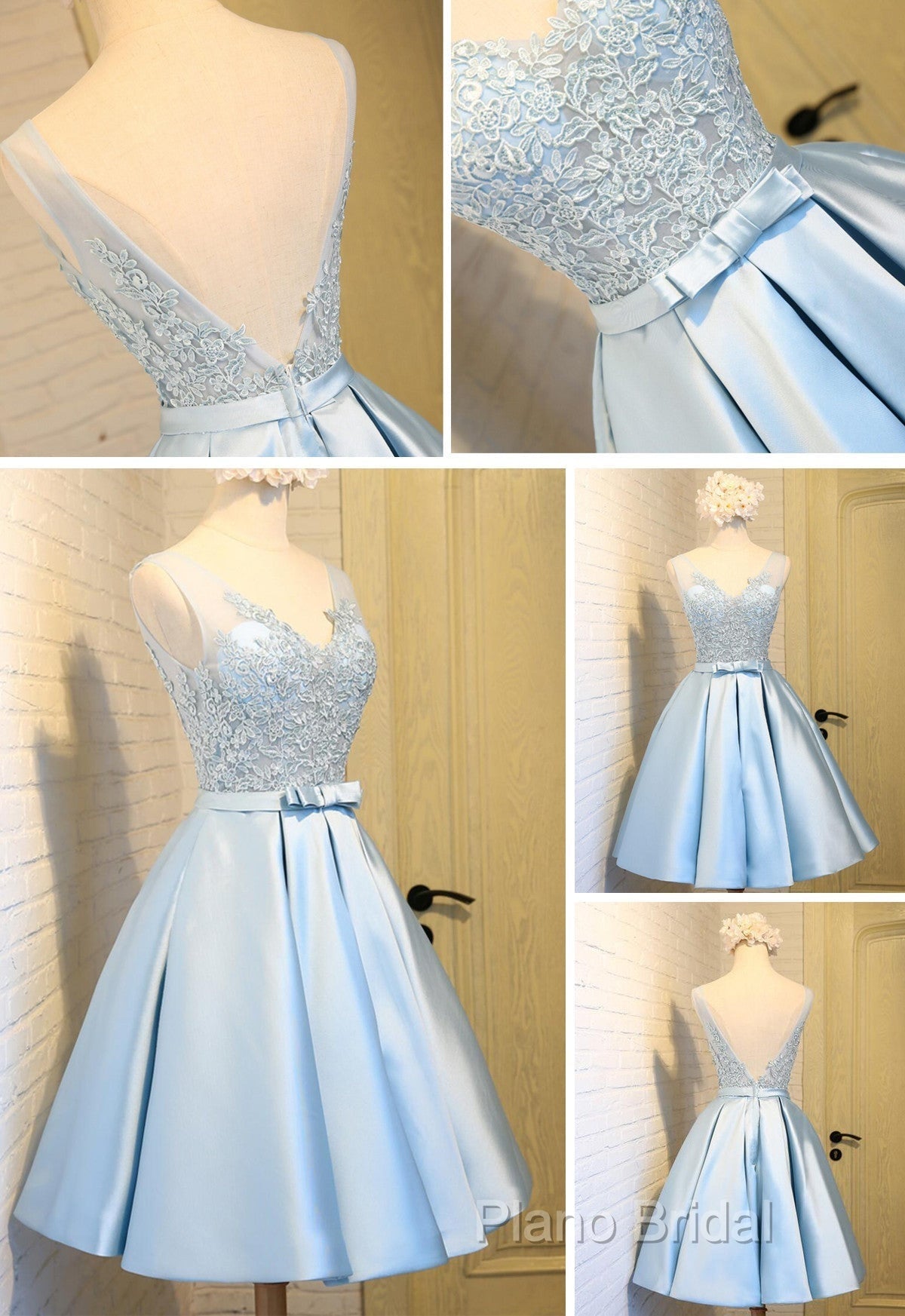 Elegant Sleeveless Deep V Back Appliques Clairvoyant Outfit Satin Skirt Tea Length Homecoming Dresses Secondary image