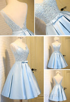 Elegant Sleeveless Deep V Back Appliques Clairvoyant Outfit Satin Skirt Tea Length Homecoming Dresses