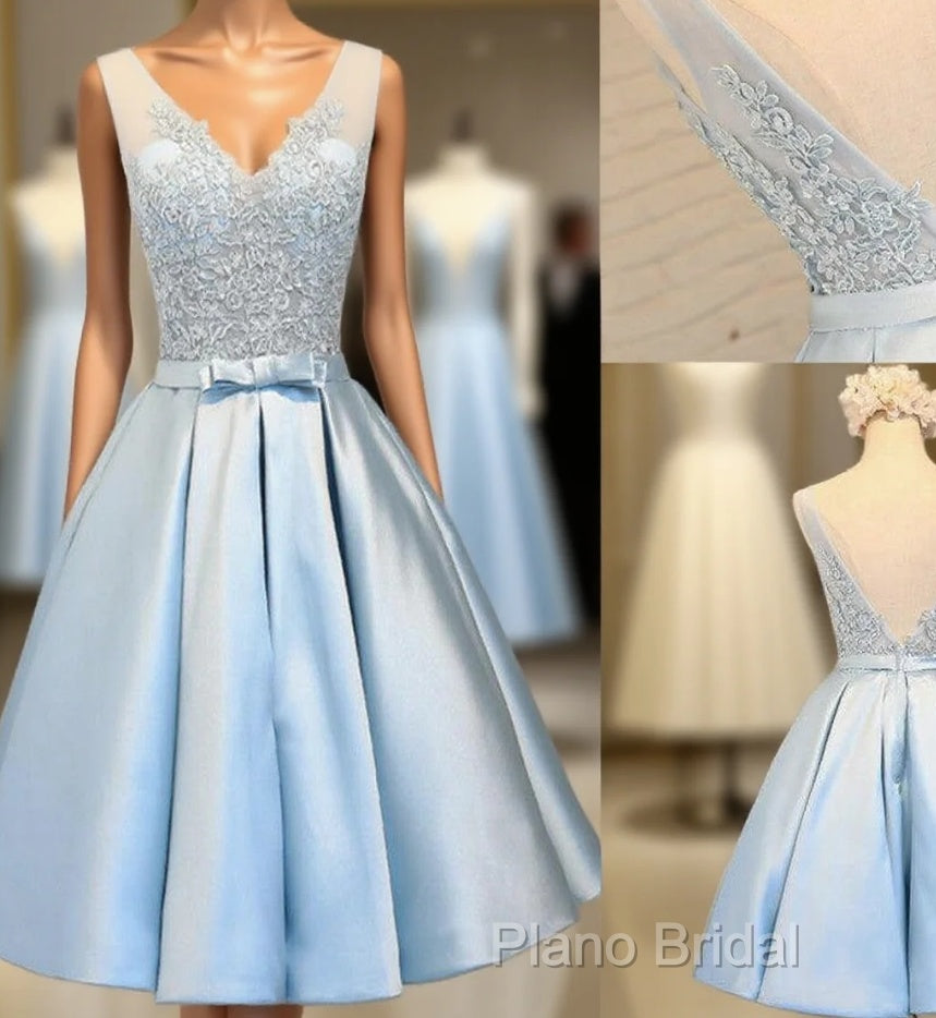 Elegant Sleeveless Deep V Back Appliques Clairvoyant Outfit Satin Skirt Tea Length Homecoming Dresses Main image