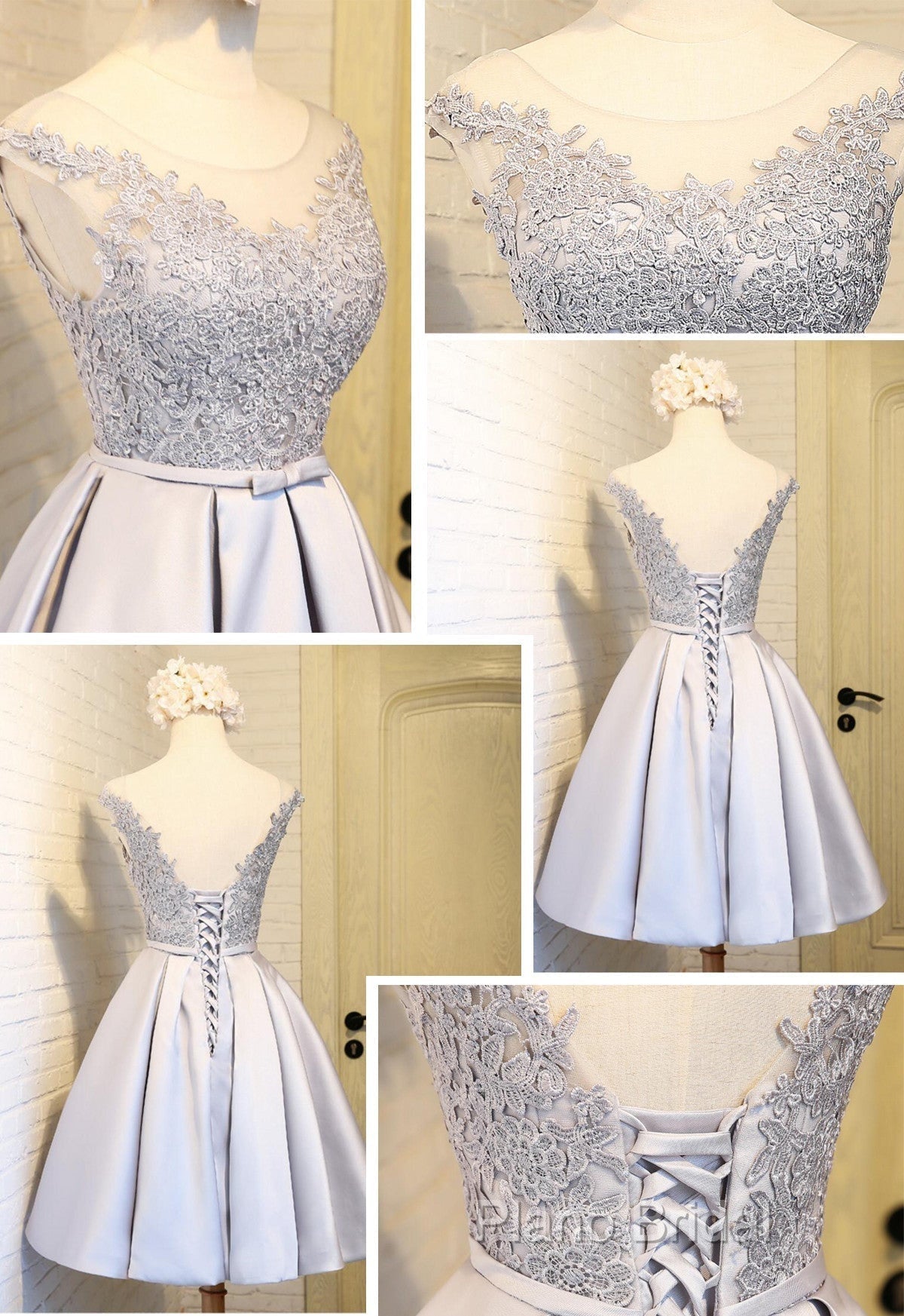 Elegant Sleeveless Lace Up Back Appliques Clairvoyant Outfit Satin Skirt Tea Length Homecoming Dresses Secondary image