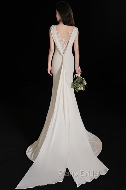 Elegant Sleeveless Mermaid Satin Simple Train Dresses Wedding Dresses With Lace Open Back Secondary image