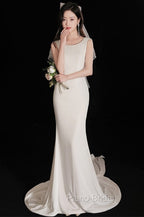 Elegant Sleeveless Mermaid Satin Simple Train Dresses Wedding Dresses With Lace Open Back