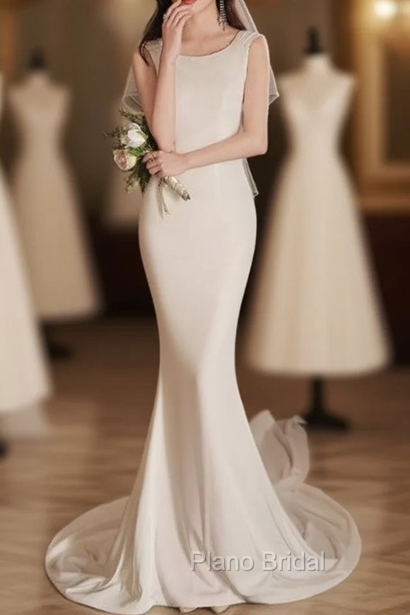 Elegant Sleeveless Mermaid Satin Simple Train Dresses Wedding Dresses With Lace Open Back Main image