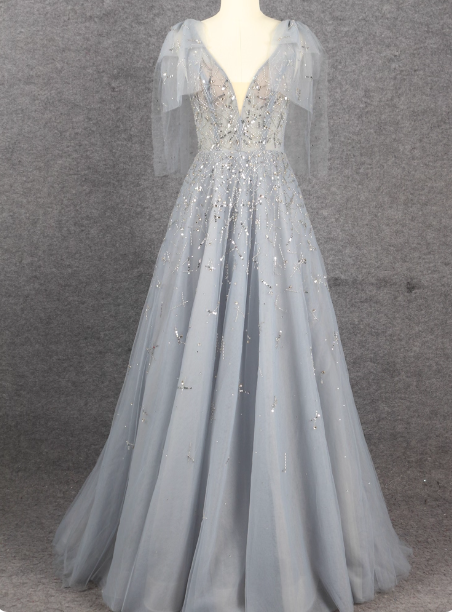 Elegant Smoky Blue Deep V Sequin Tulle Long Formal Prom Dresses Bridesmaid Dresses Secondary image