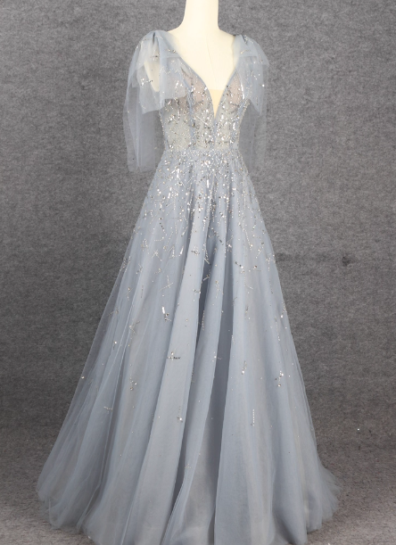 Elegant Smoky Blue Deep V Sequin Tulle Long Formal Prom Dresses Bridesmaid Dresses Main image