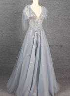Elegant Smoky Blue Deep V Sequin Tulle Long Formal Prom Dresses Bridesmaid Dresses
