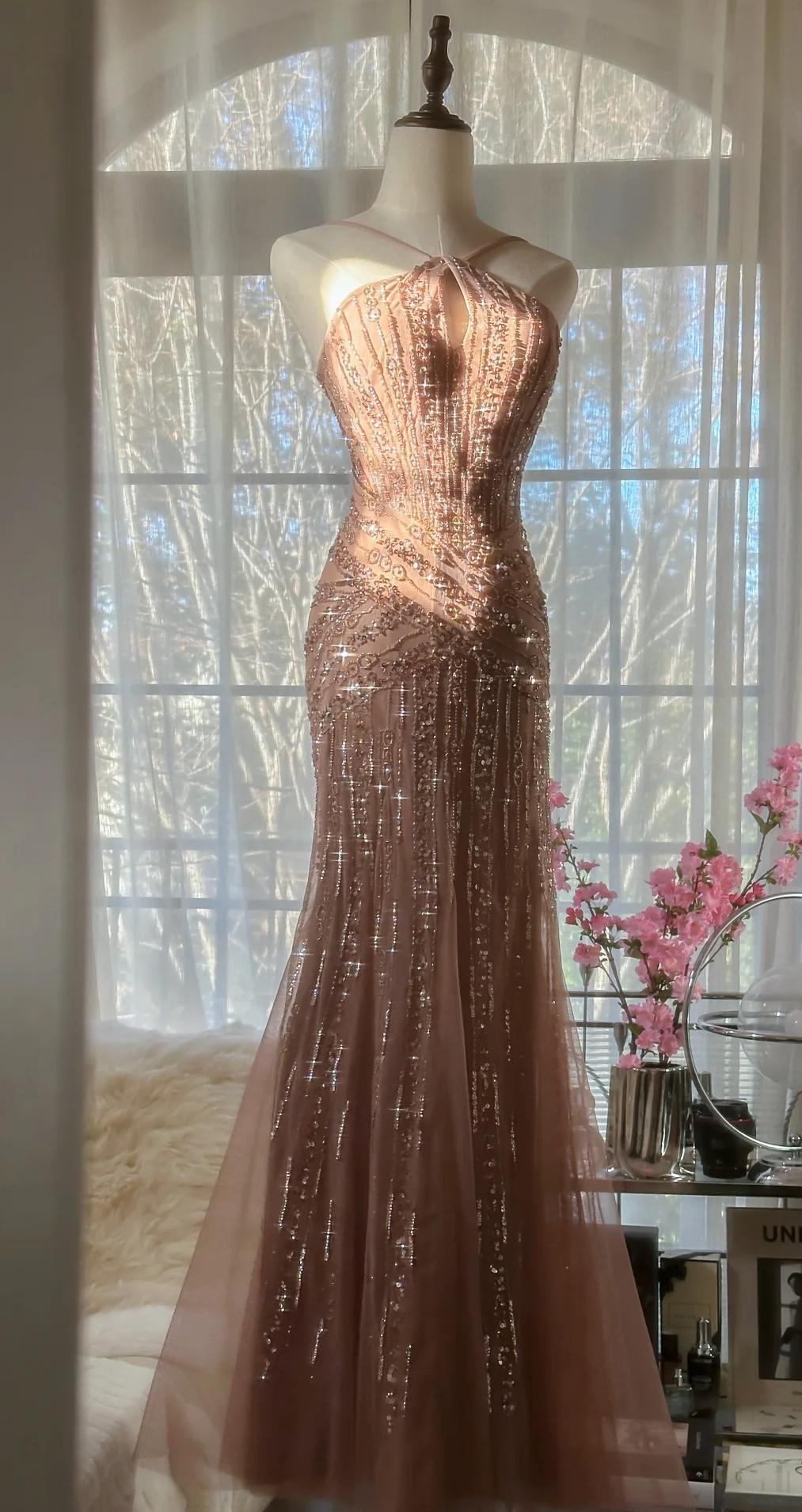 Elegant Blush Pink Spaghetti Strap Mermaid Tulle Sequin Long Formal Prom Dresses Beaded Graduation Formal Prom Adult Ceremony Dresses