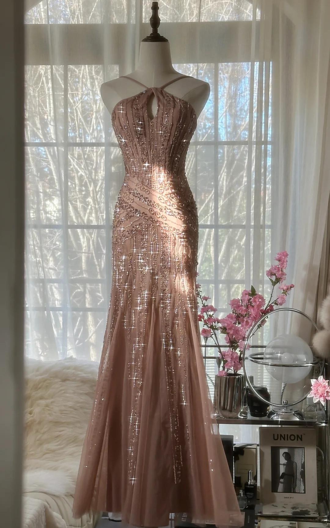 Elegant Blush Pink Spaghetti Strap Mermaid Tulle Sequin Long Formal Prom Dresses Beaded Graduation Formal Prom Adult Ceremony Dresses