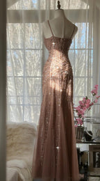 Elegant Blush Pink Spaghetti Strap Mermaid Tulle Sequin Long Formal Prom Dresses Beaded Graduation Formal Prom Adult Ceremony Dresses