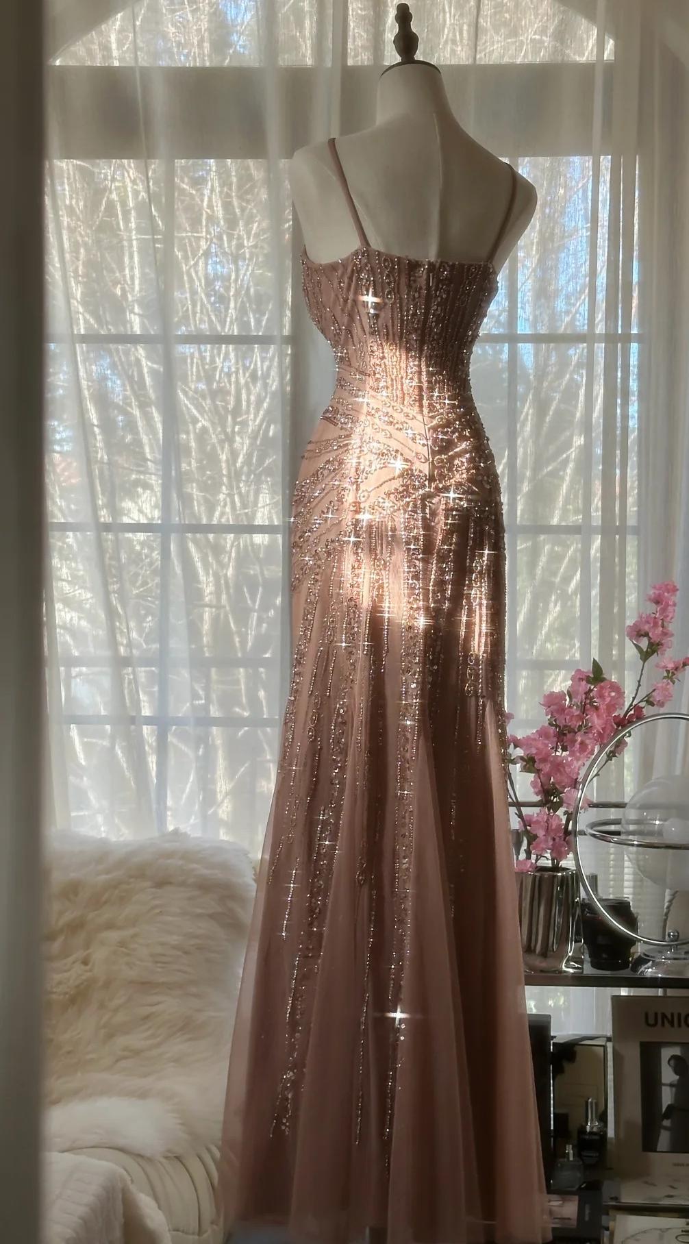Elegant Blush Pink Spaghetti Strap Mermaid Tulle Sequin Long Formal Prom Dresses Beaded Graduation Formal Prom Adult Ceremony Dresses