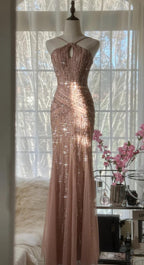 Elegant Blush Pink Spaghetti Strap Mermaid Tulle Sequin Long Formal Prom Dresses Beaded Graduation Formal Prom Adult Ceremony Dresses