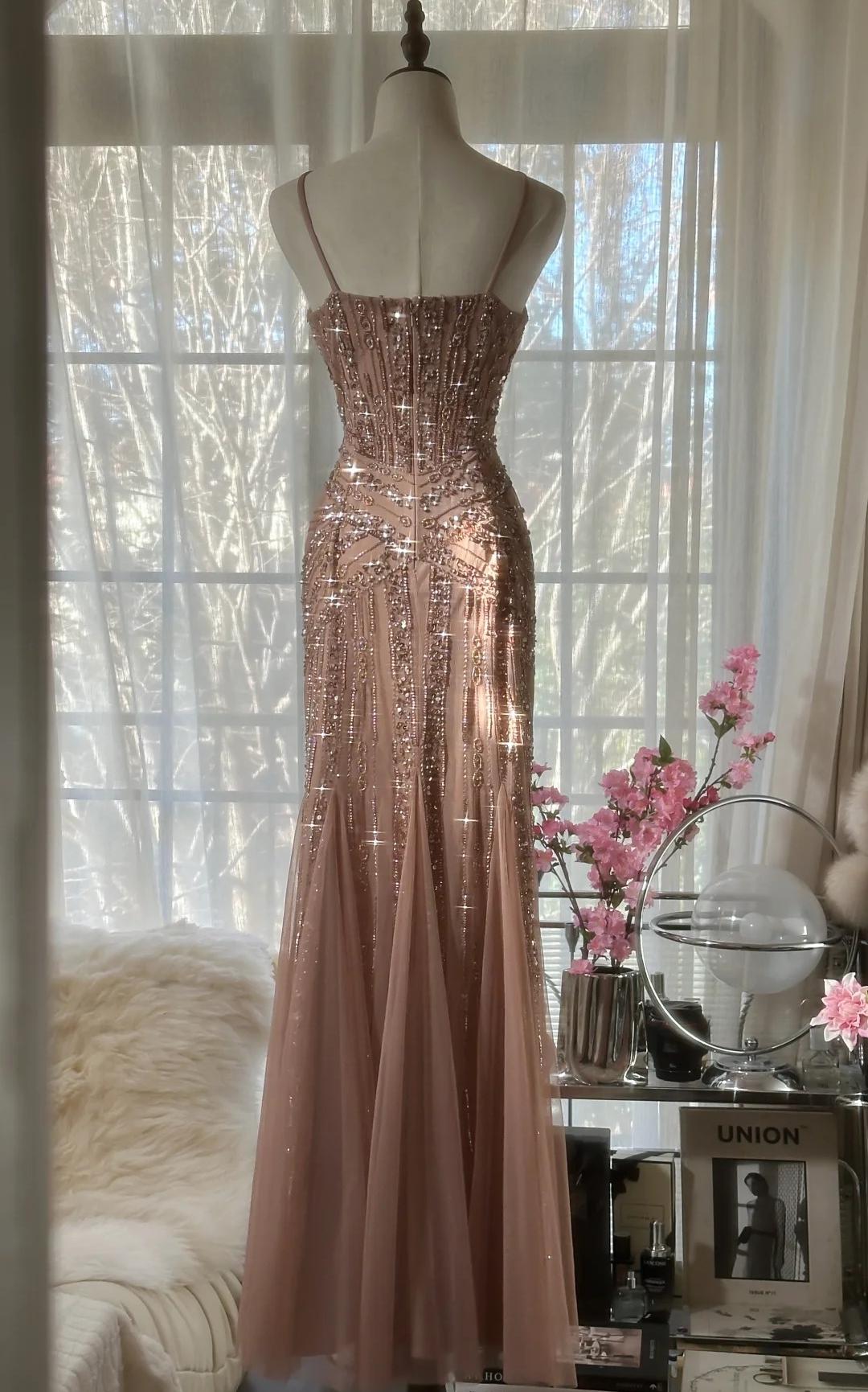Elegant Blush Pink Spaghetti Strap Mermaid Tulle Sequin Long Formal Prom Dresses Beaded Graduation Formal Prom Adult Ceremony Dresses