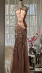 Elegant Blush Pink Spaghetti Strap Mermaid Tulle Sequin Long Formal Prom Dresses Beaded Graduation Formal Prom Adult Ceremony Dresses