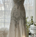 Elegant Spaghetti Straps Apricot Beaded Chiffon Mermaid Gowns Vintage Backless Formal Prom Dresses