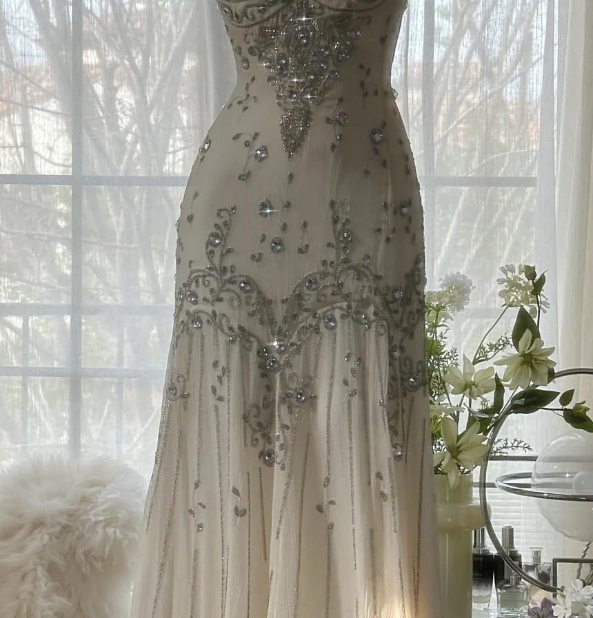Elegant Spaghetti Straps Apricot Beaded Chiffon Mermaid Gowns Vintage Backless Formal Prom Dresses