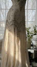 Elegant Spaghetti Straps Apricot Beaded Chiffon Mermaid Gowns Vintage Backless Formal Prom Dresses