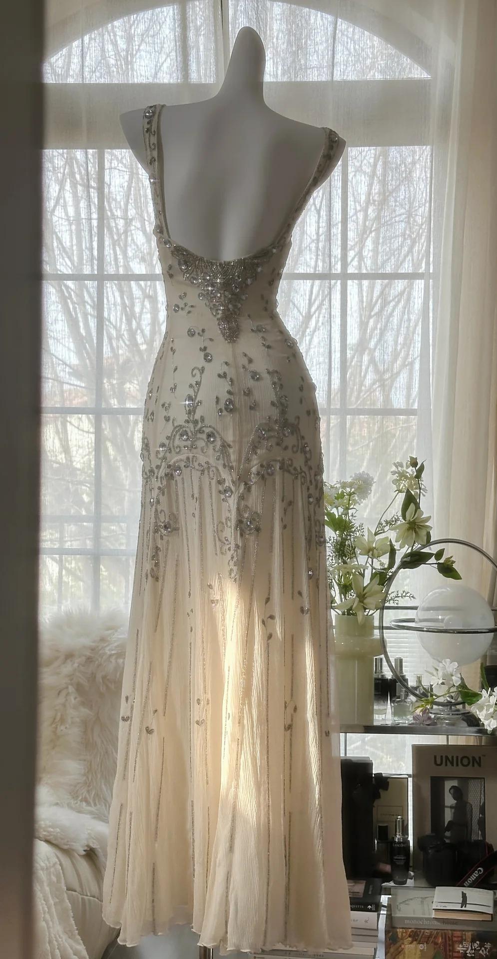 Elegant Spaghetti Straps Apricot Beaded Chiffon Mermaid Gowns Vintage Backless Formal Prom Dresses