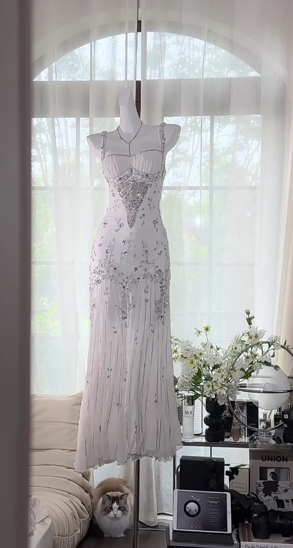 Elegant Spaghetti Straps Apricot Beaded Chiffon Mermaid Gowns Vintage Backless Formal Prom Dresses
